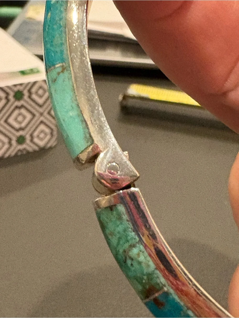 Turquoise Inlay Silver Hinged Bangle Bracelet - Blue Green